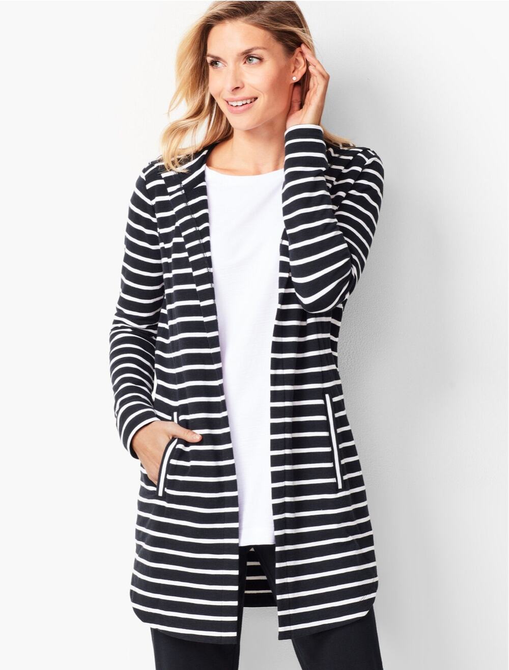 Talbots Womens XL Stripe Hooded Flyaway Cardigan Lightweight Knit Relaxed Knit